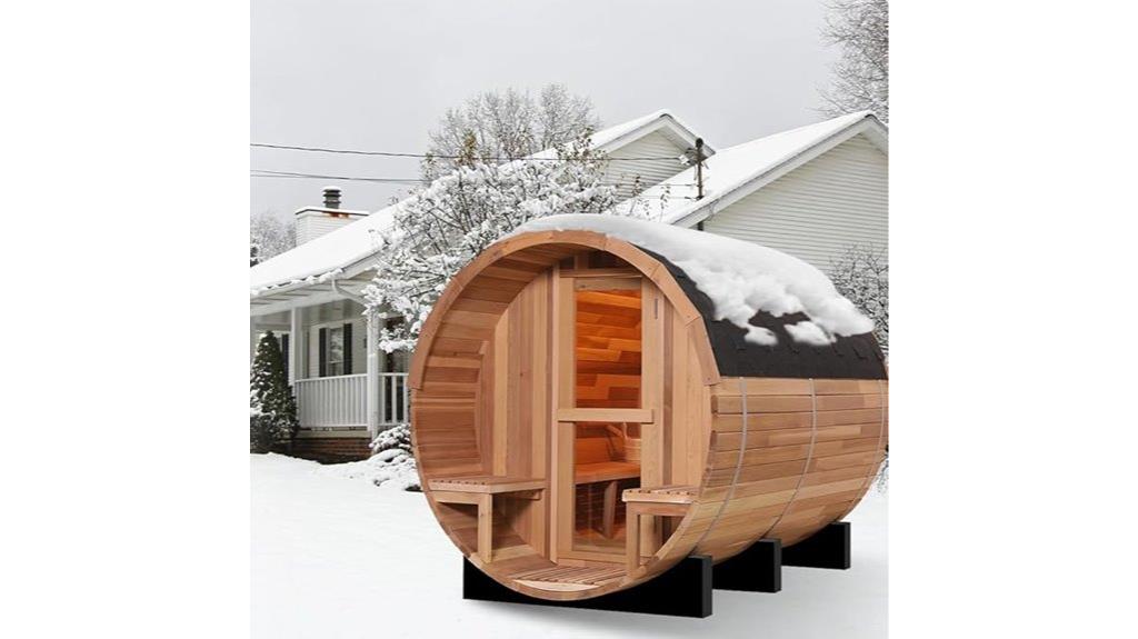outdoor cedar sauna with porch